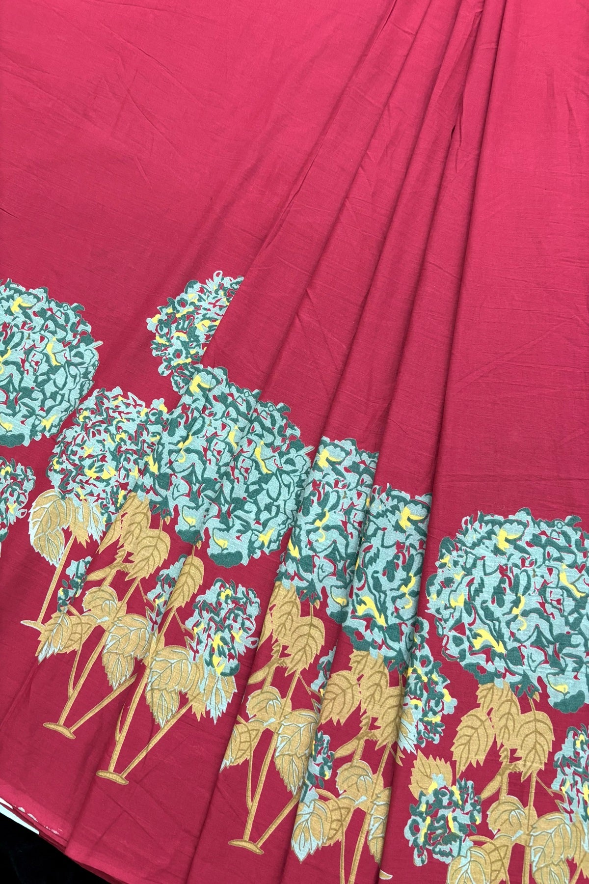Green and Yellow Hydrangea Printed Pure Cotton Fabric