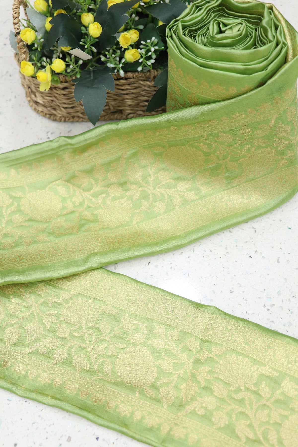 5 Inches Pure Banaras Sage Green Chiniya Silk Zari Woven Border (9 Mtrs Bundle)