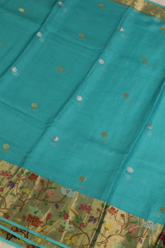 Copper Sulphate Blue Pure Silk Kota Lehenga Woven Fabric With Paithani Border