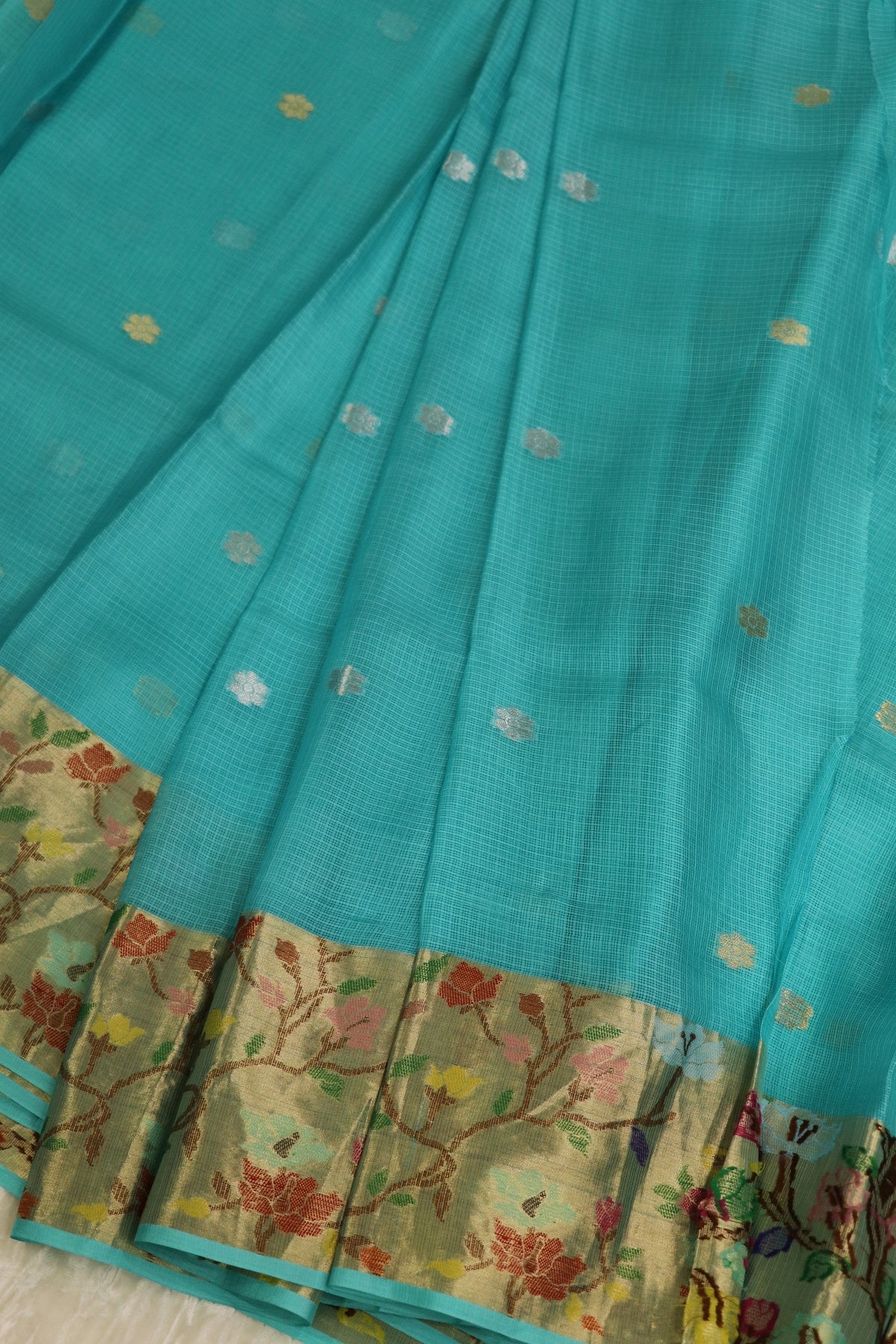 Copper Sulphate Blue Pure Silk Kota Lehenga Woven Fabric With Paithani Border