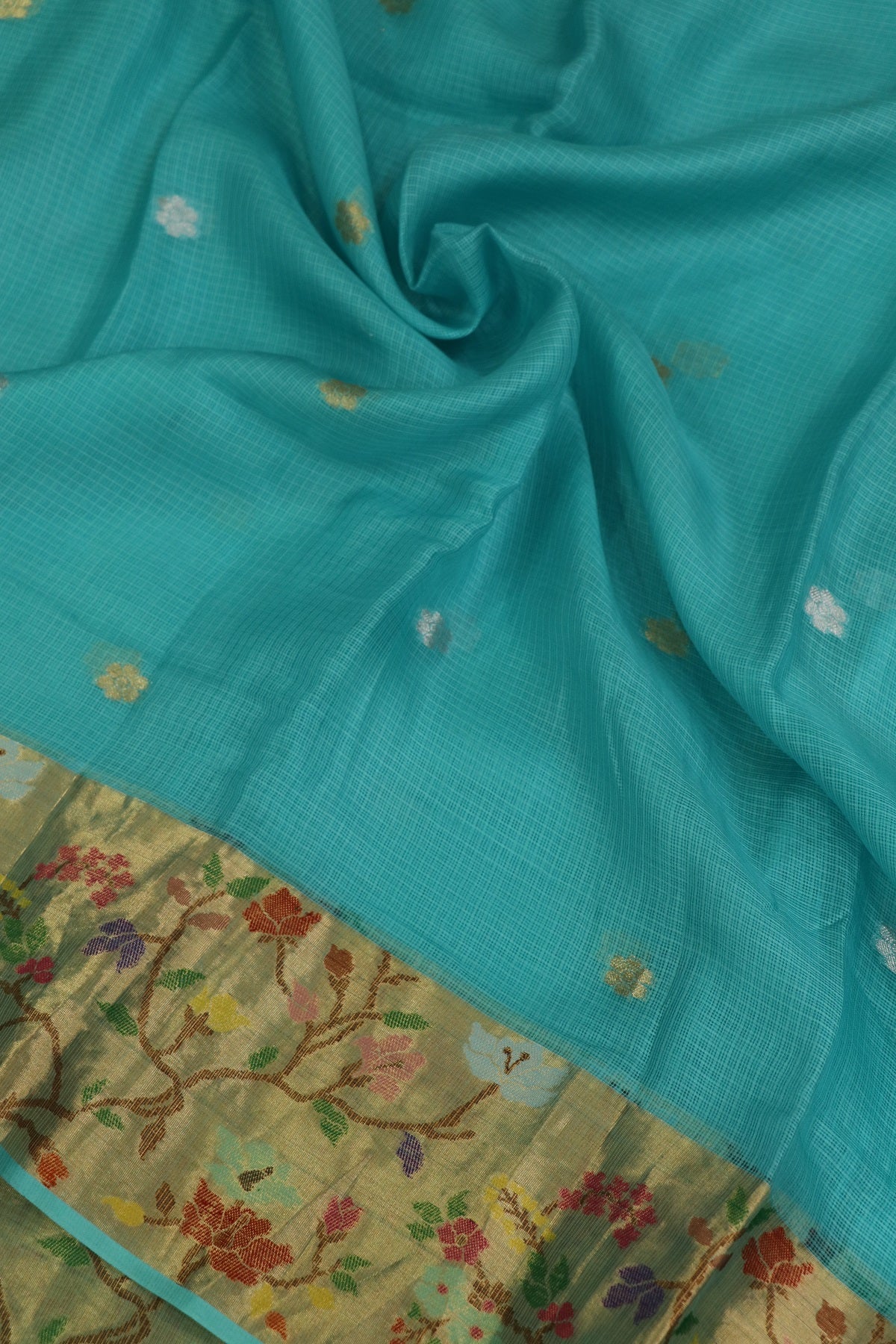 Copper Sulphate Blue Pure Silk Kota Lehenga Woven Fabric With Paithani Border