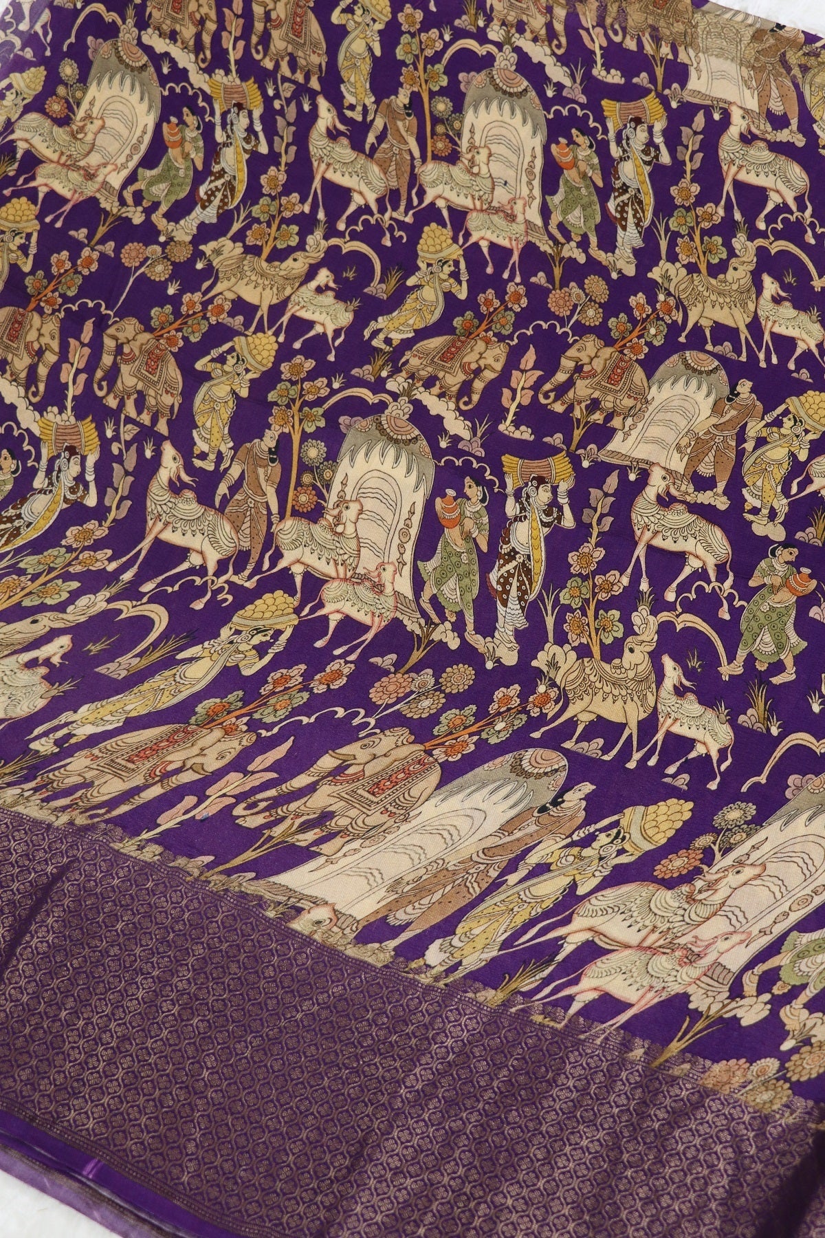 Purple Pure Munga Tussar Kalamkari Figurine With Antic Golden Zari Woven Lehenga Fabric