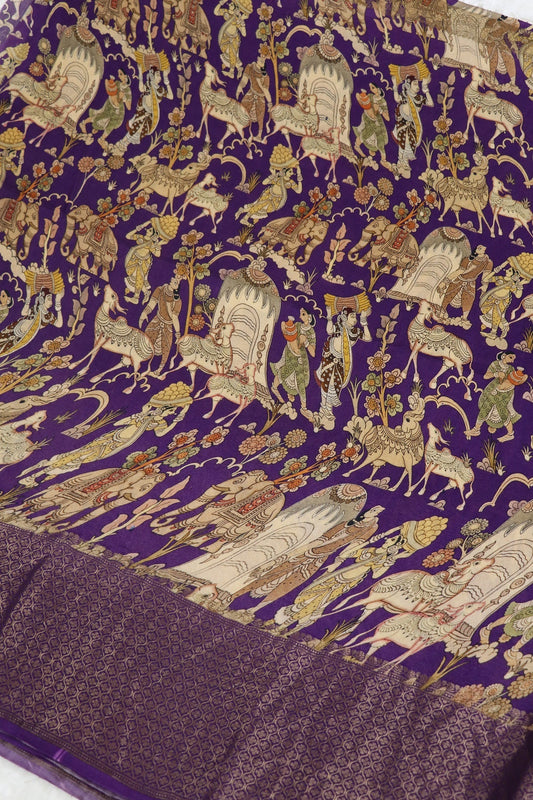 Purple Pure Munga Tussar Kalamkari Figurine With Antic Golden Zari Woven Lehenga Fabric