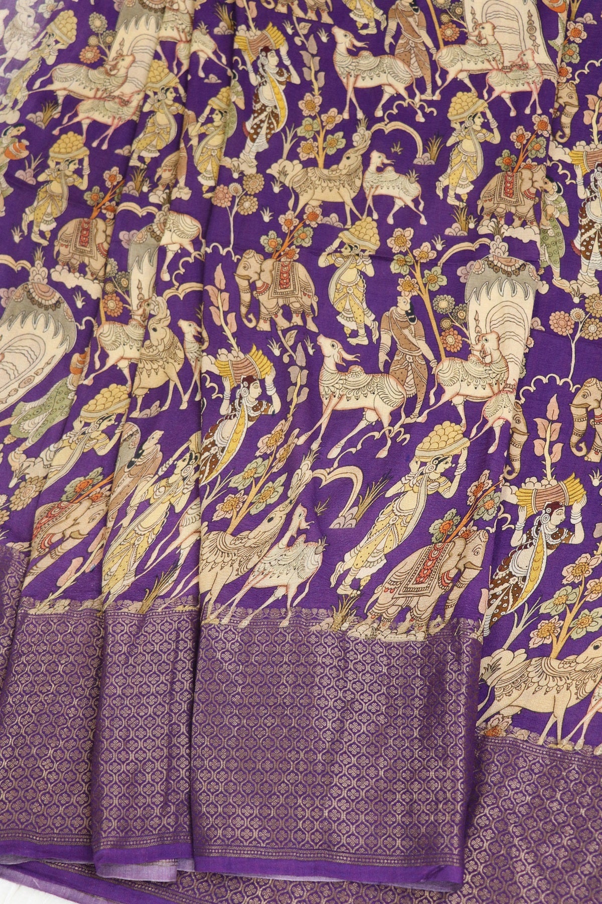 Purple Pure Munga Tussar Kalamkari Figurine With Antic Golden Zari Woven Lehenga Fabric