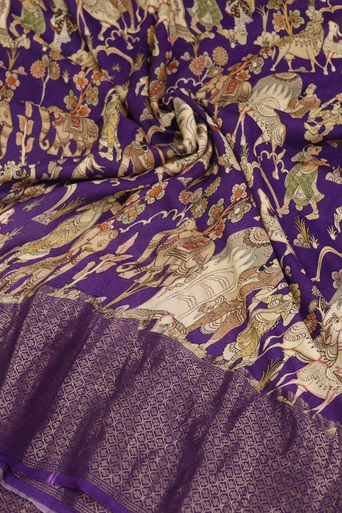 Purple Pure Munga Tussar Kalamkari Figurine With Antic Golden Zari Woven Lehenga Fabric