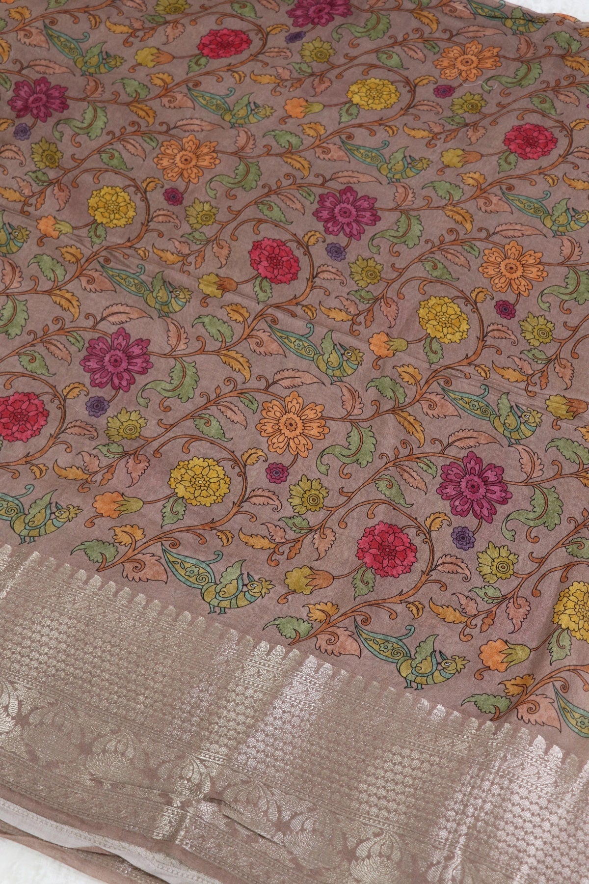 Pure Light Mauve Chiniya SIlk Kalamkari Printed With Silver Zari Woven Lehenga Fabric