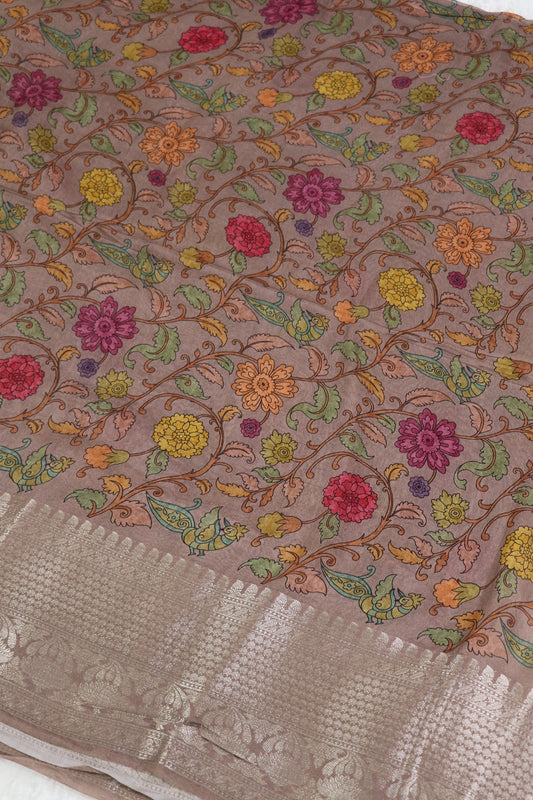 Pure Light Mauve Chiniya SIlk Kalamkari Printed With Silver Zari Woven Lehenga Fabric