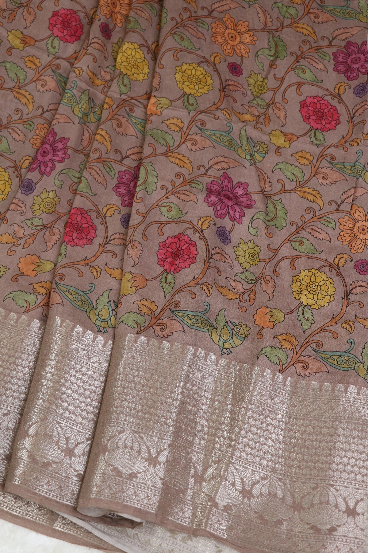 Pure Light Mauve Chiniya SIlk Kalamkari Printed With Silver Zari Woven Lehenga Fabric