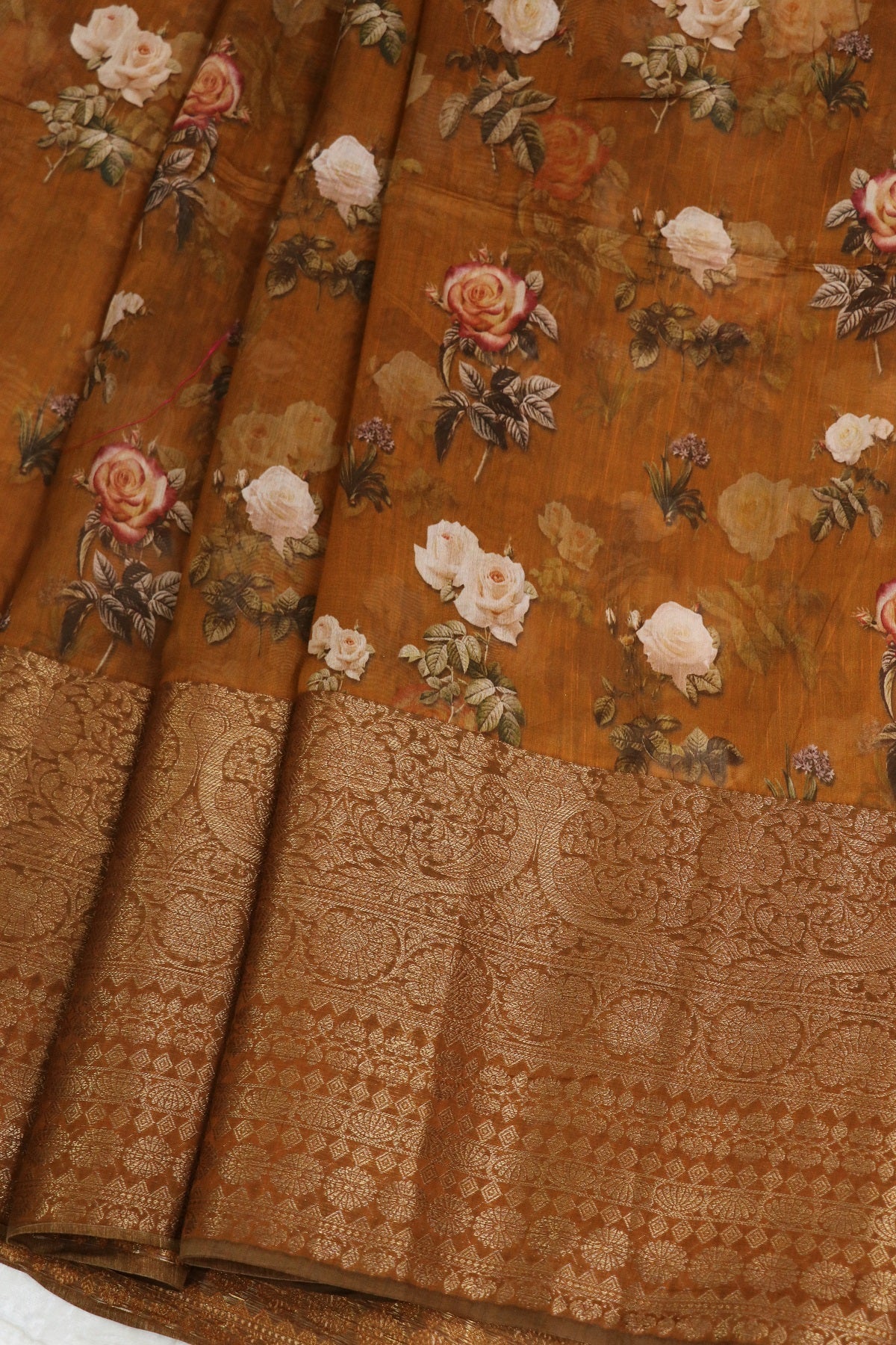 Pure Caramel Brown Chiniya Floral  Printed With Antique Zari Woven Lehenga Fabric