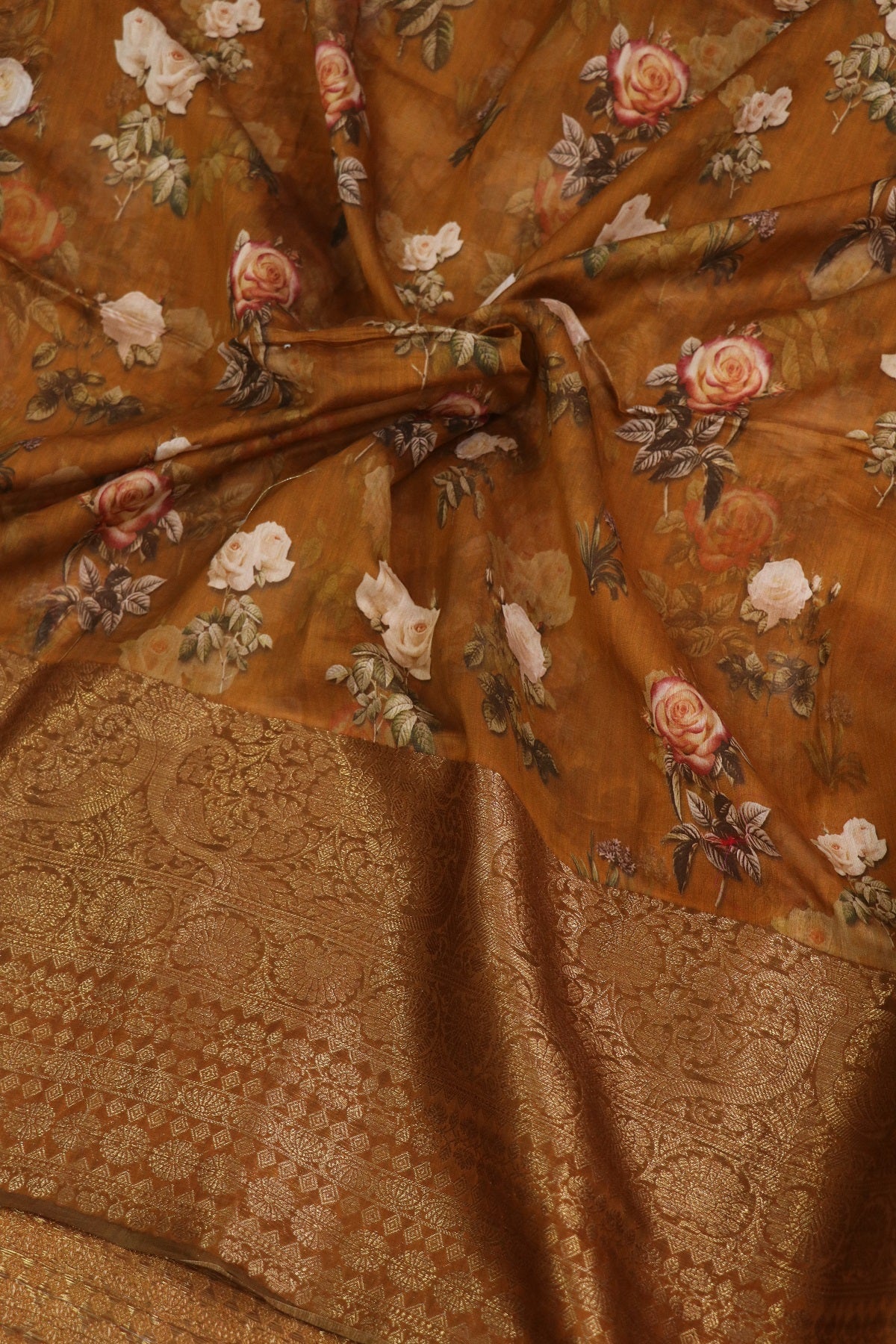 Pure Caramel Brown Chiniya Floral  Printed With Antique Zari Woven Lehenga Fabric