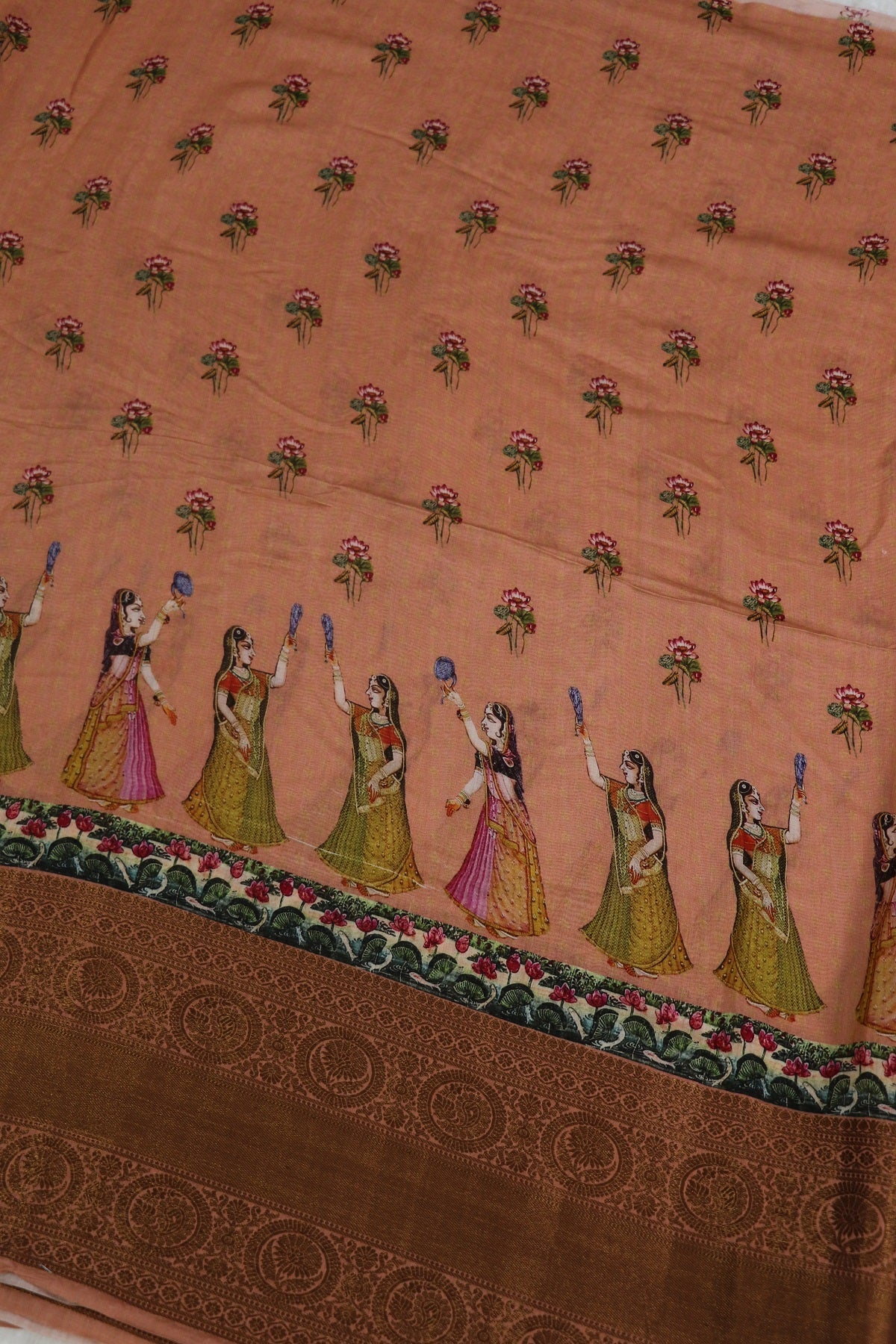 Pure Peach Chiniya Pitchiwai Printed With Antique Zari Woven Lehenga Fabric