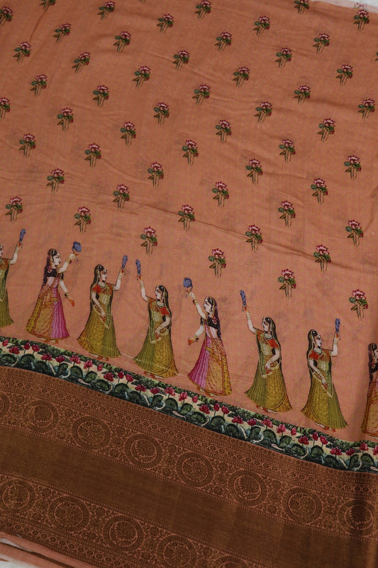 Pure Peach Chiniya Pitchiwai Printed With Antique Zari Woven Lehenga Fabric