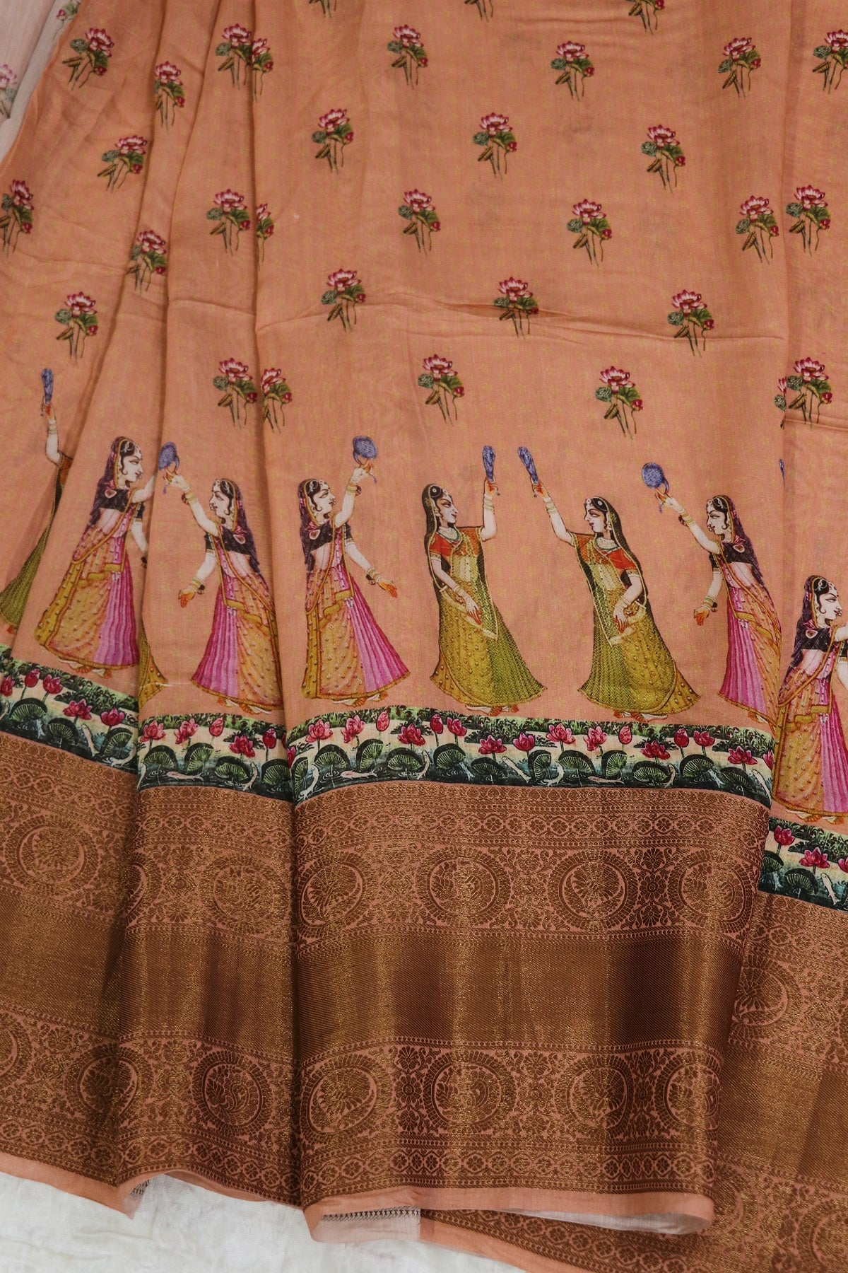 Pure Peach Chiniya Pitchiwai Printed With Antique Zari Woven Lehenga Fabric