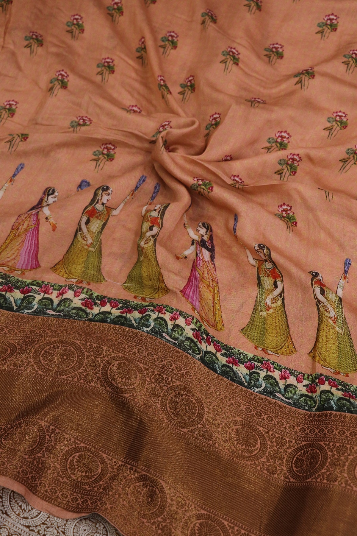 Pure Peach Chiniya Pitchiwai Printed With Antique Zari Woven Lehenga Fabric