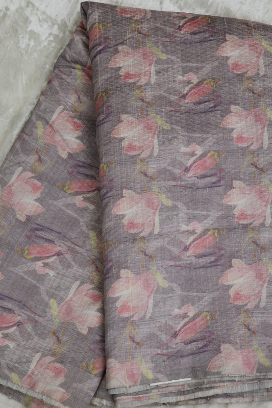 Pure Grey Raw Silk Embossed Floral Printed Fabric With Peach Hues