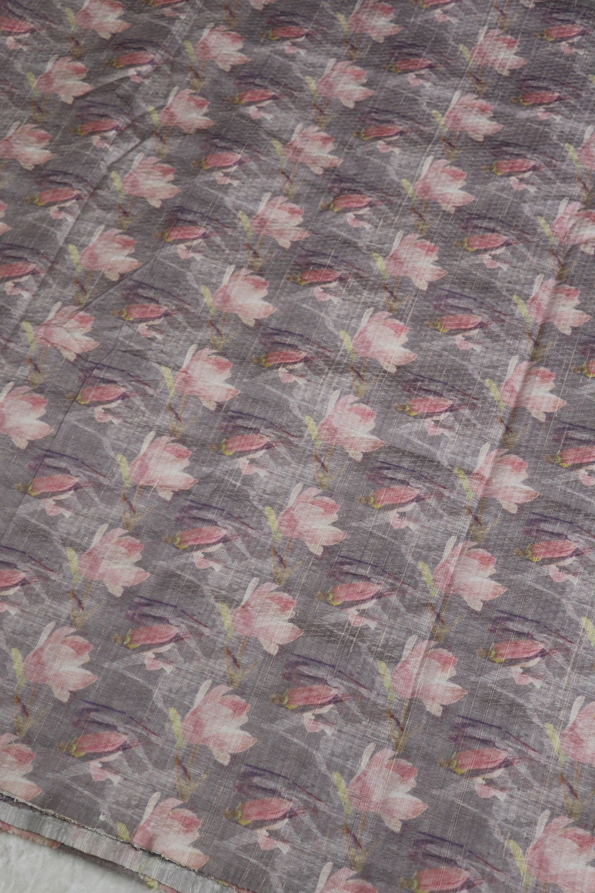 Pure Grey Raw Silk Embossed Floral Printed Fabric With Peach Hues