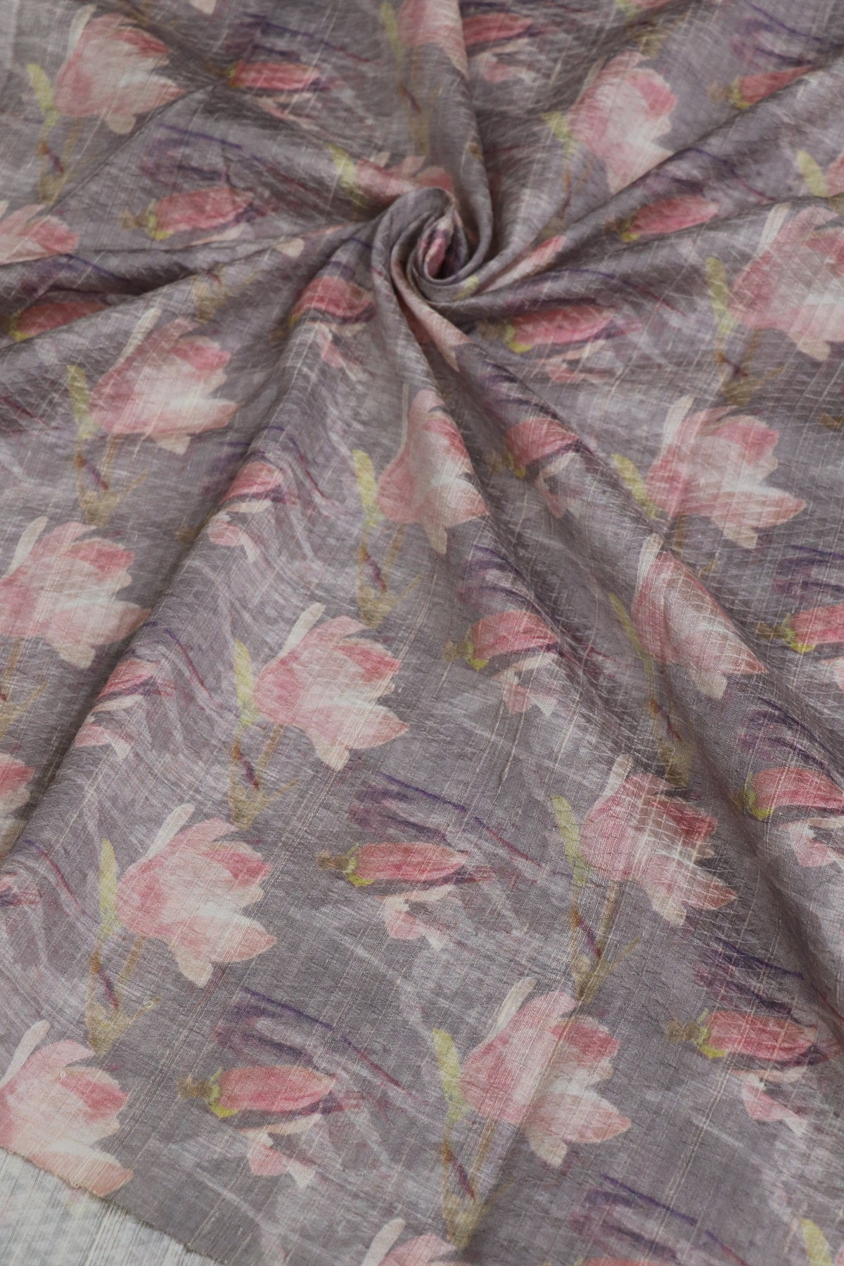 Pure Grey Raw Silk Embossed Floral Printed Fabric With Peach Hues