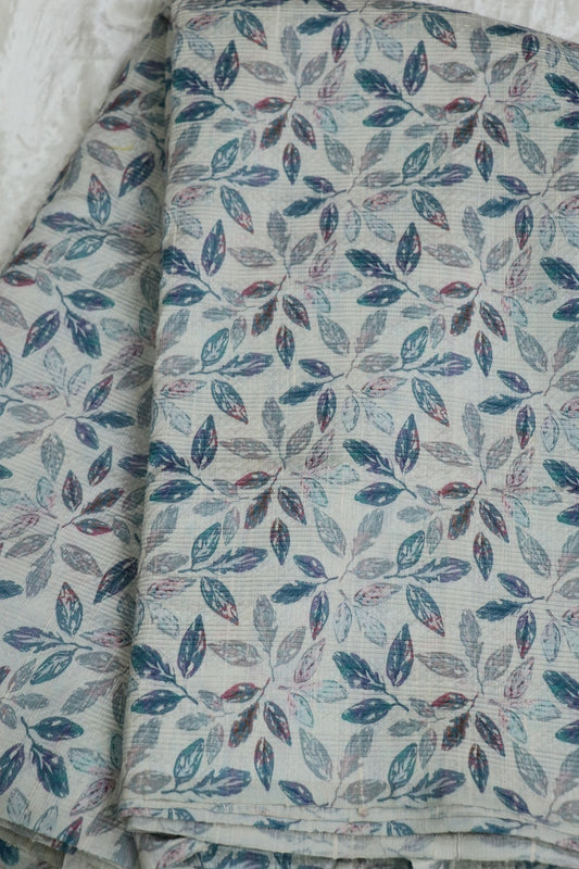 Pure Raw Silk Embossed Leaf Printed Fabric With Blue Hues
