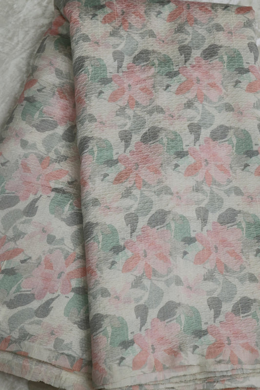 Pure Raw Silk Embossed Floral Pastel Printed Fabric