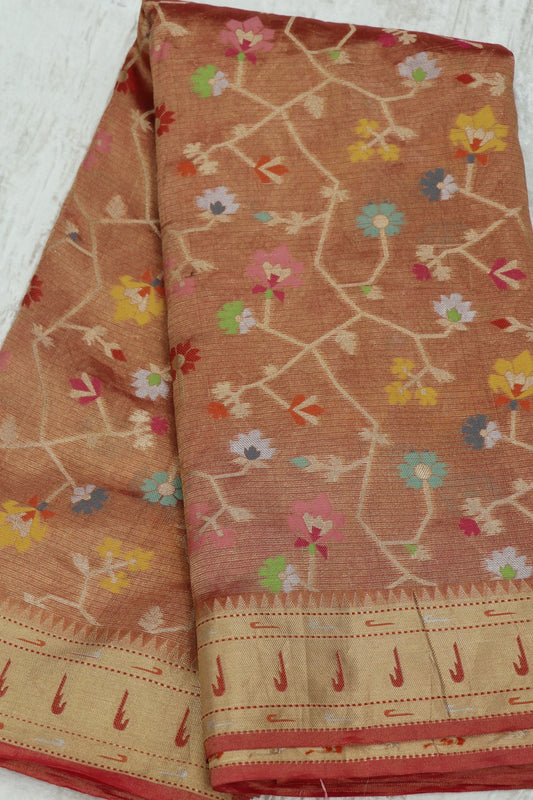Rose Red Pure Zari Tissue Kota Gold Jangla Weave With  Meenakari & Muniya Border