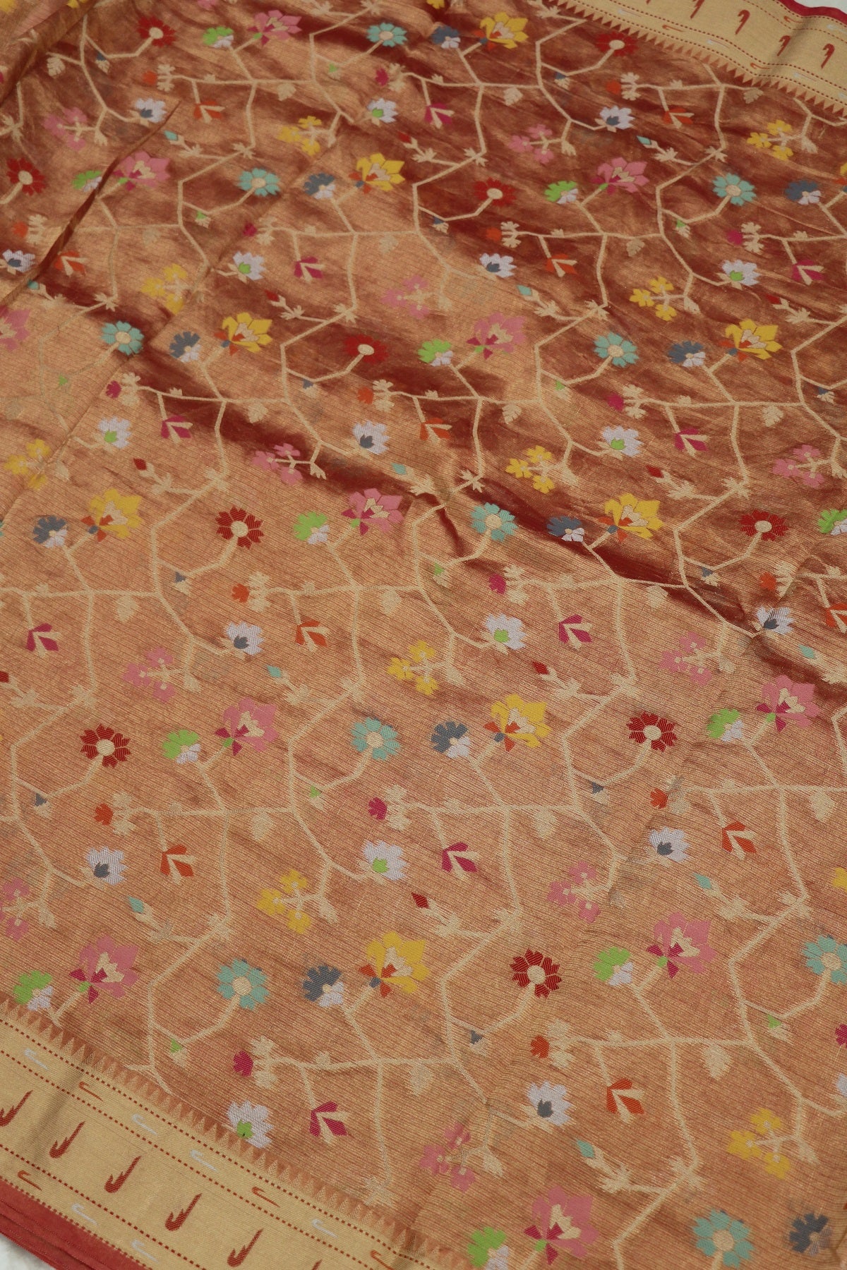 Rose Red Pure Zari Tissue Kota Gold Jangla Weave With  Meenakari & Muniya Border