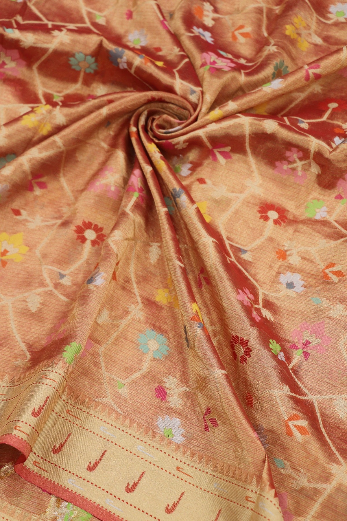 Rose Red Pure Zari Tissue Kota Gold Jangla Weave With  Meenakari & Muniya Border