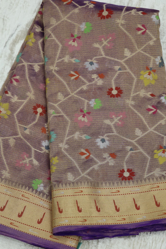 Iris Purple Pure Zari Tissue Kota Gold Jangla Weave With  Meenakari & Muniya Border