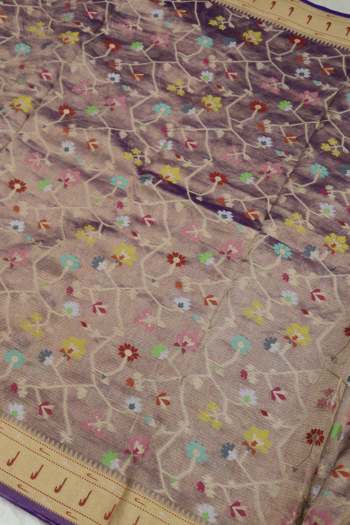 Iris Purple Pure Zari Tissue Kota Gold Jangla Weave With  Meenakari & Muniya Border