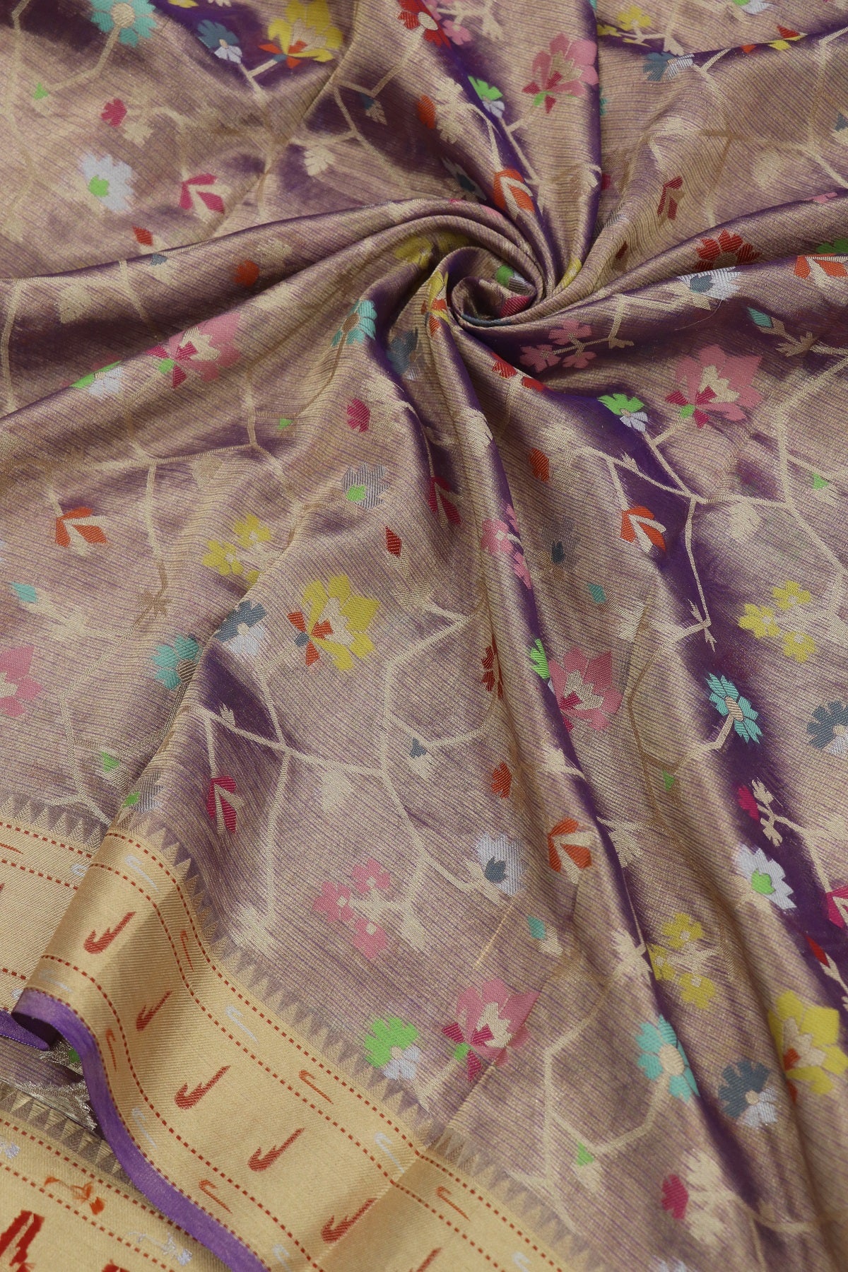 Iris Purple Pure Zari Tissue Kota Gold Jangla Weave With  Meenakari & Muniya Border