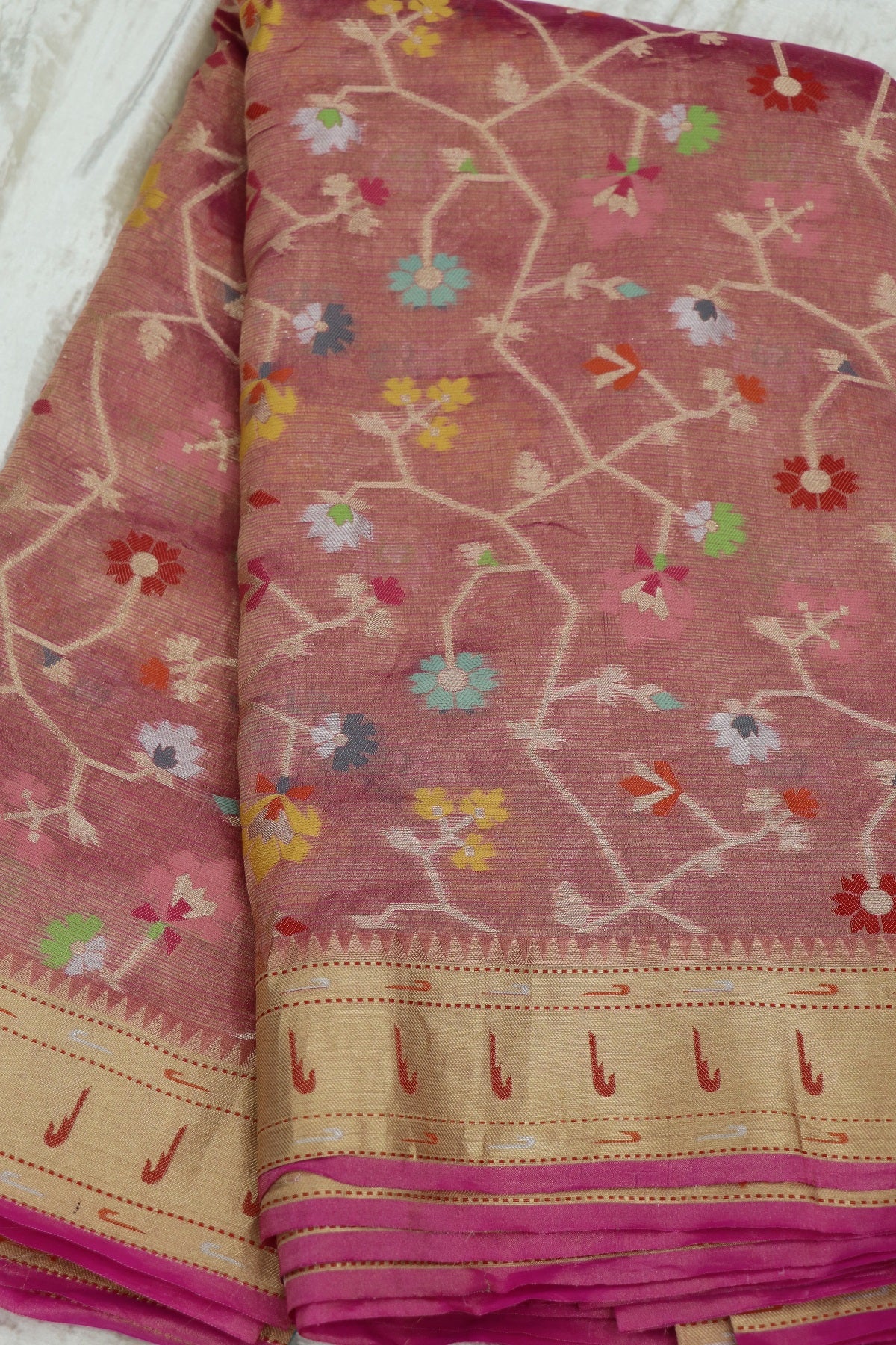 Fuschia Pink Pure Zari Tissue Kota Gold Jangla Weave With  Meenakari & Muniya Border