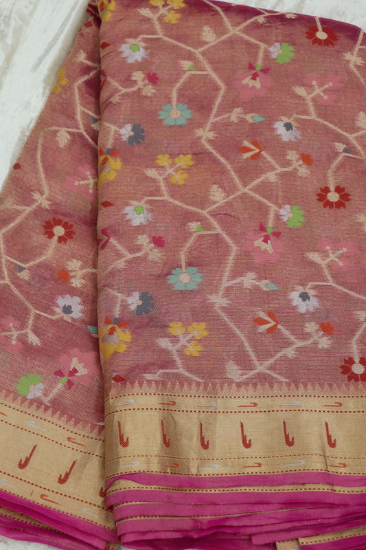 Fuschia Pink Pure Zari Tissue Kota Gold Jangla Weave With  Meenakari & Muniya Border