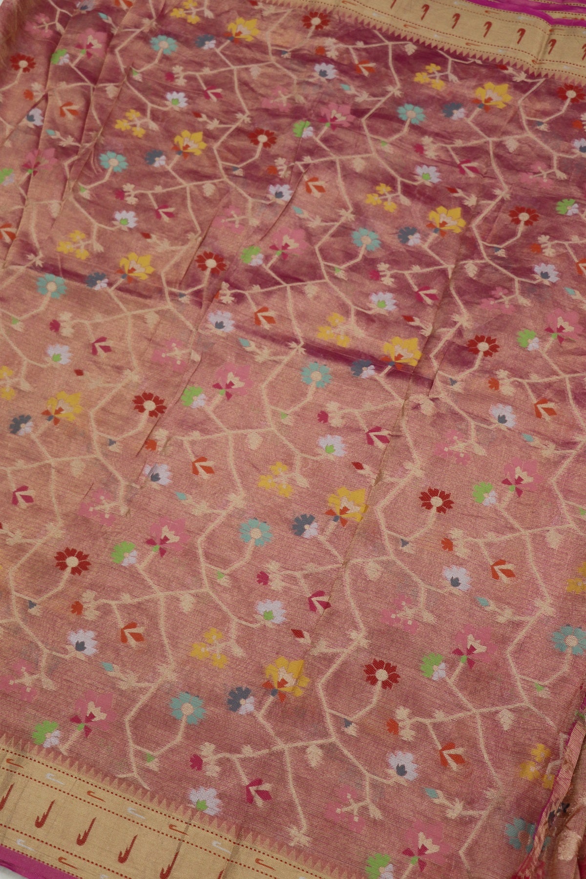 Fuschia Pink Pure Zari Tissue Kota Gold Jangla Weave With  Meenakari & Muniya Border