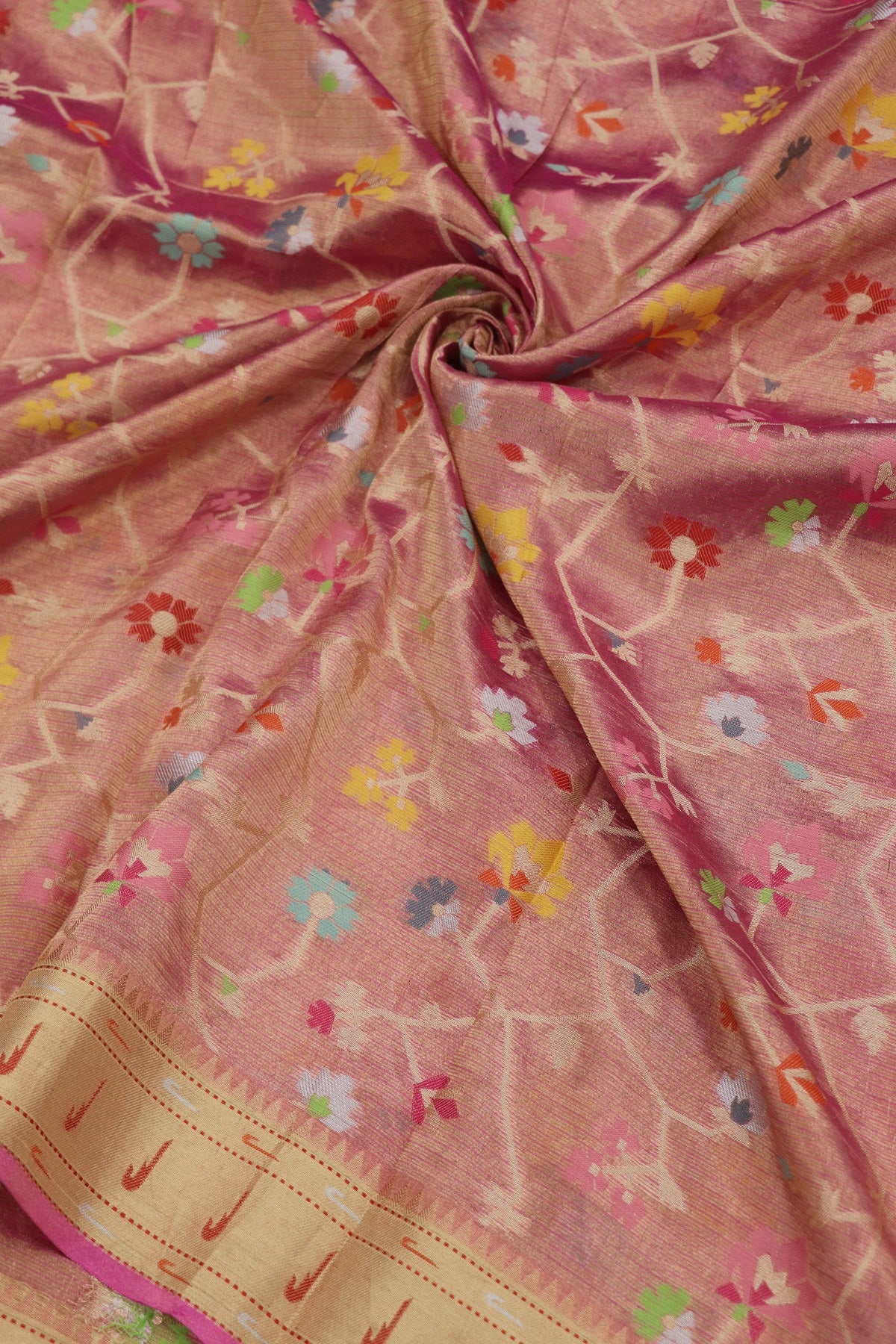 Fuschia Pink Pure Zari Tissue Kota Gold Jangla Weave With  Meenakari & Muniya Border