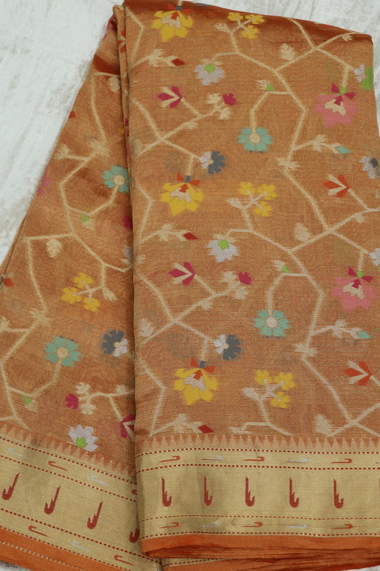 Light Orange Pure Zari Tissue Kota Gold Jangla Weave With  Meenakari & Muniya Border