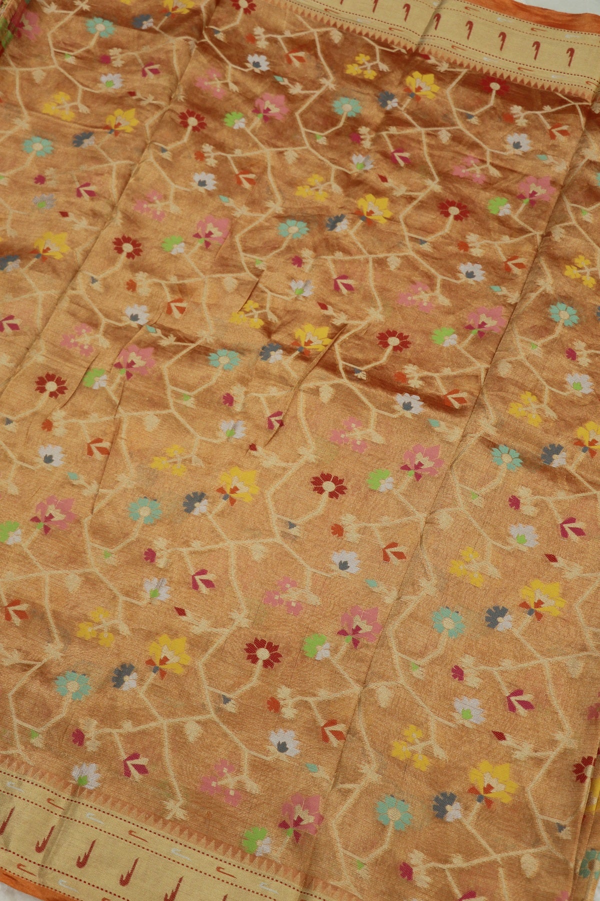 Light Orange Pure Zari Tissue Kota Gold Jangla Weave With  Meenakari & Muniya Border