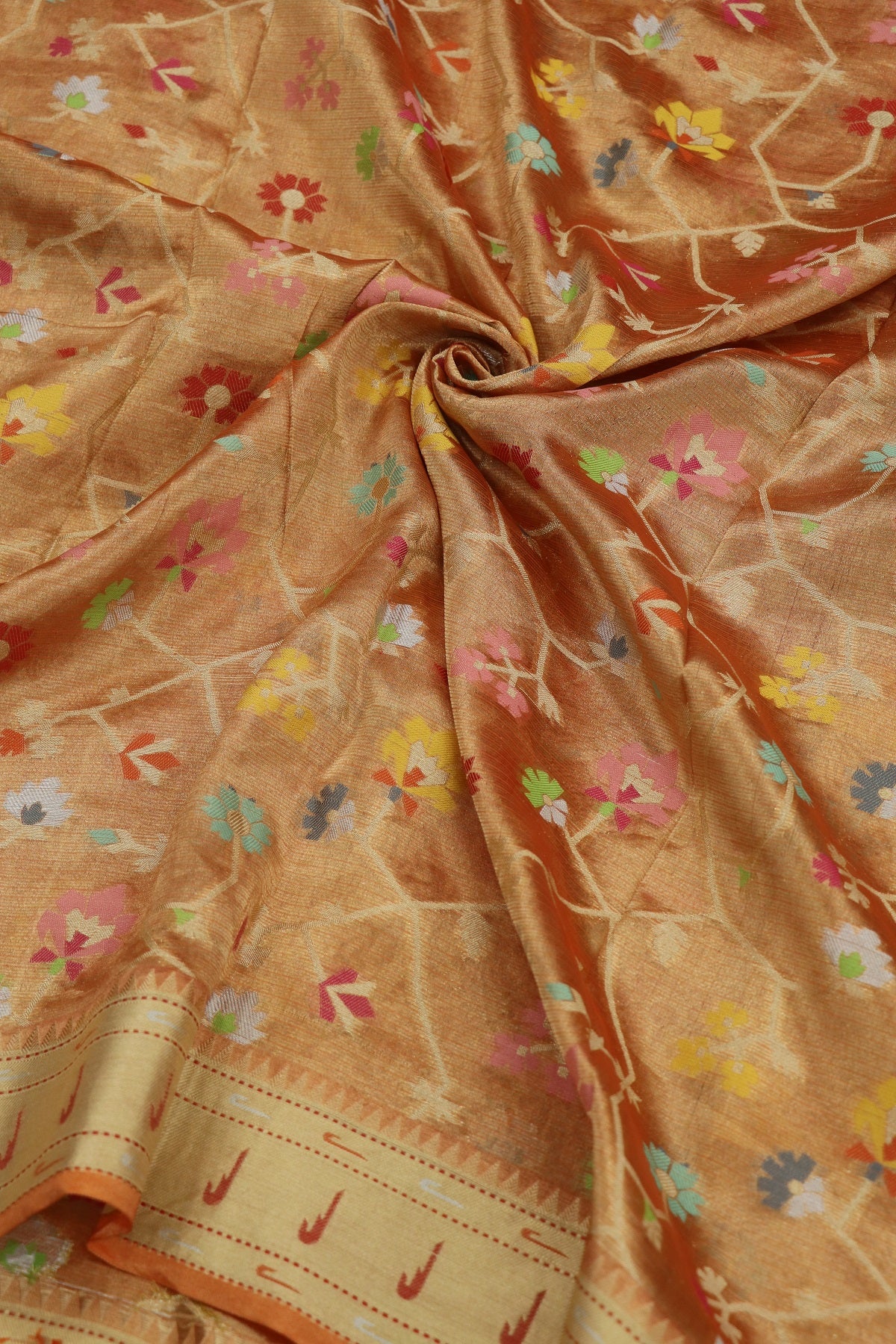 Light Orange Pure Zari Tissue Kota Gold Jangla Weave With  Meenakari & Muniya Border