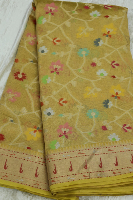 Sunray Yellow Pure Zari Tissue Kota Gold Jangla Weave With  Meenakari & Muniya Border
