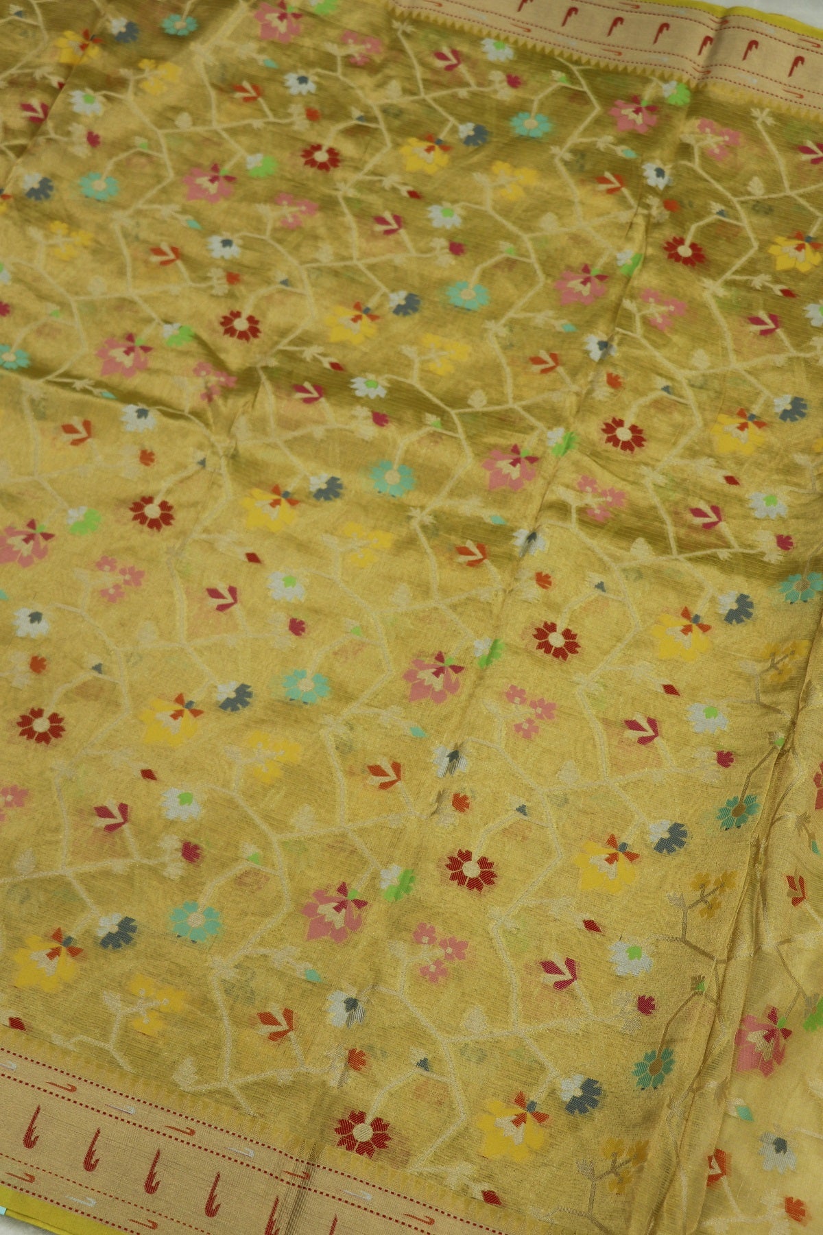Sunray Yellow Pure Zari Tissue Kota Gold Jangla Weave With  Meenakari & Muniya Border