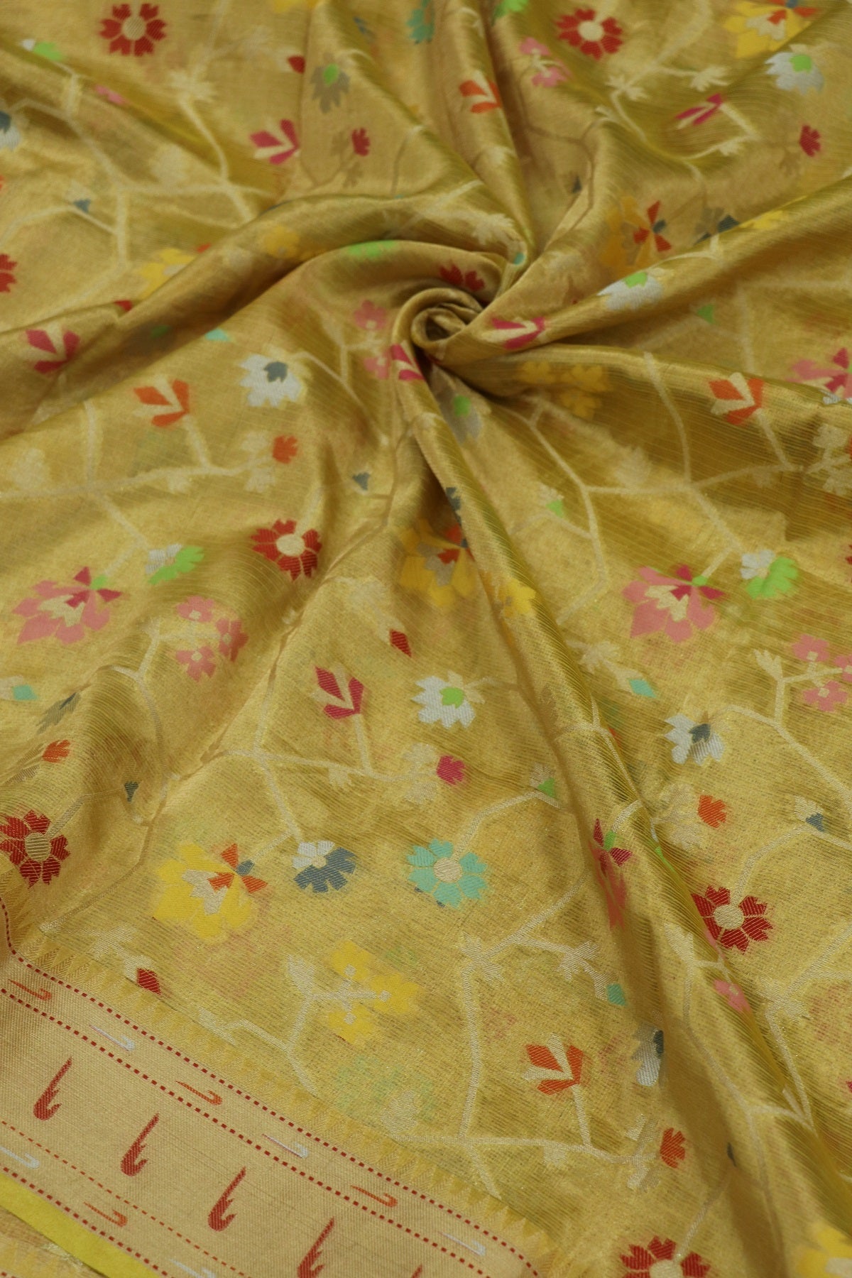 Sunray Yellow Pure Zari Tissue Kota Gold Jangla Weave With  Meenakari & Muniya Border