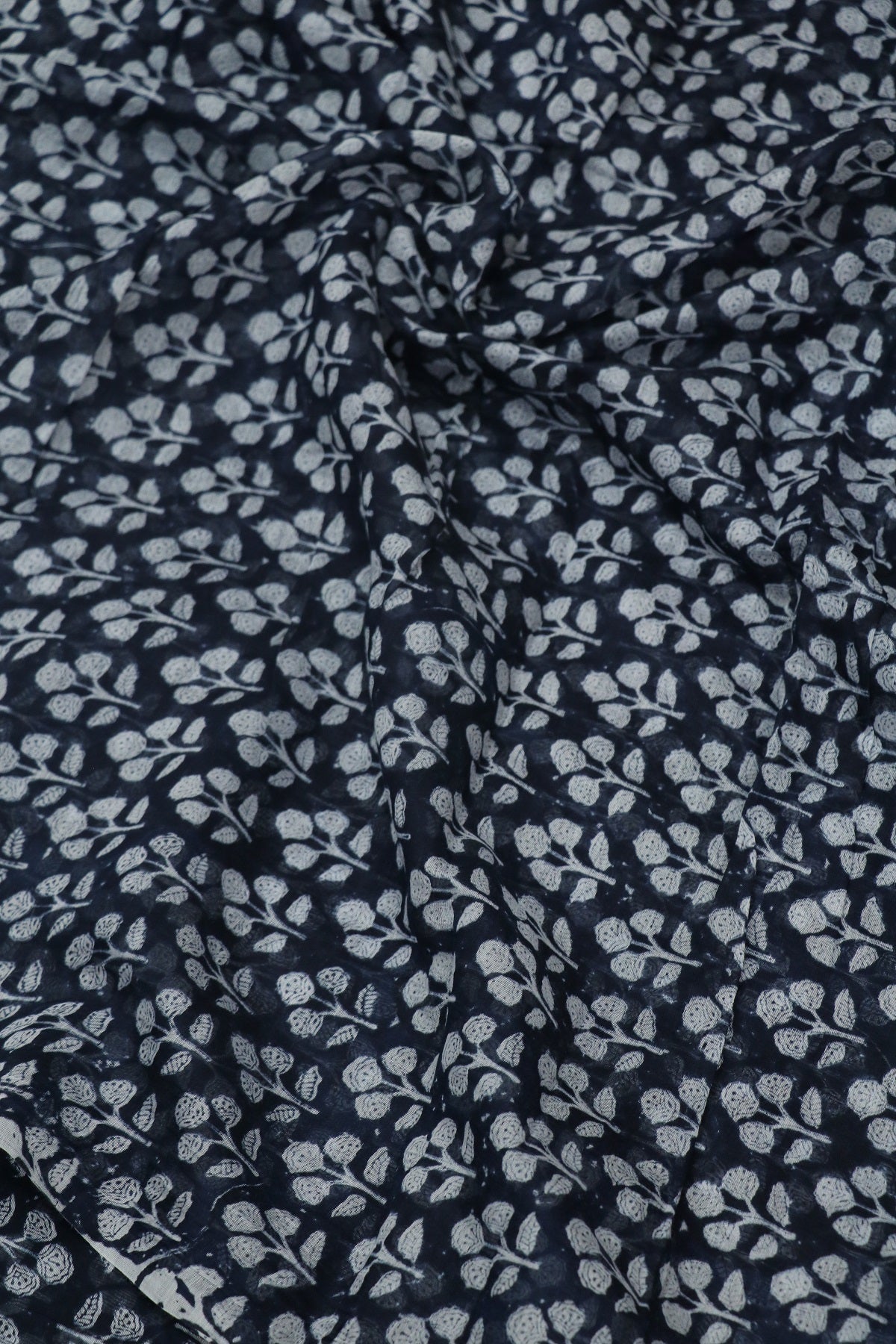 Mughal Motif Floral Printed Indigo Mul Chanderi Fabric