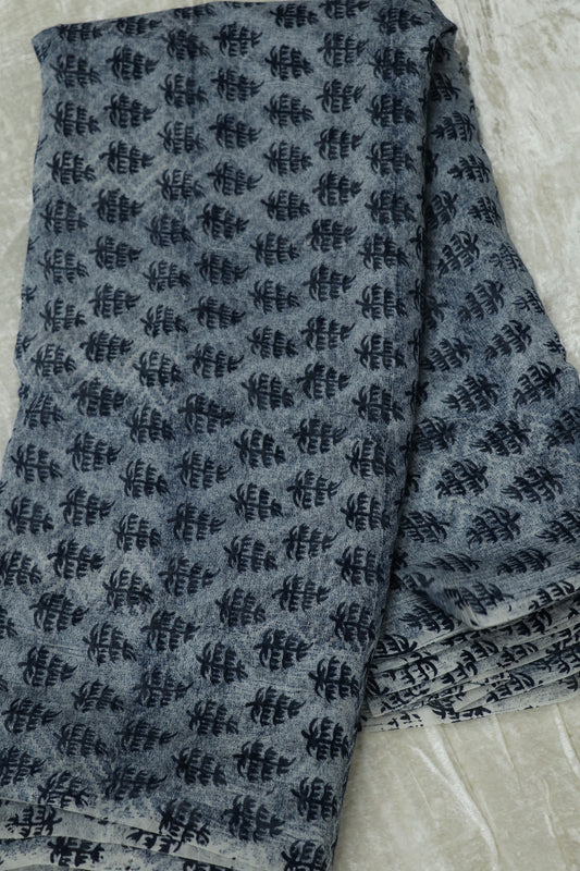 Abstract Floral Printed Indigo Mul Chanderi Fabric