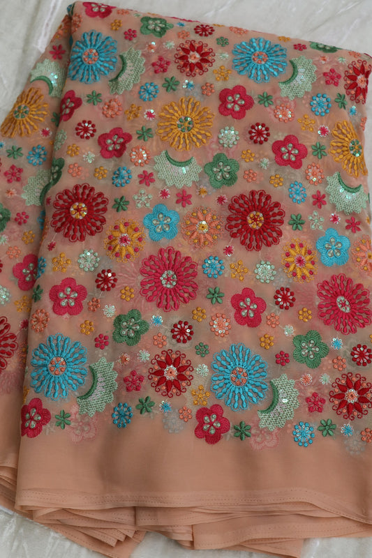 Light Peach Multi Thread Embroidered & Sequins Georgette Fabric