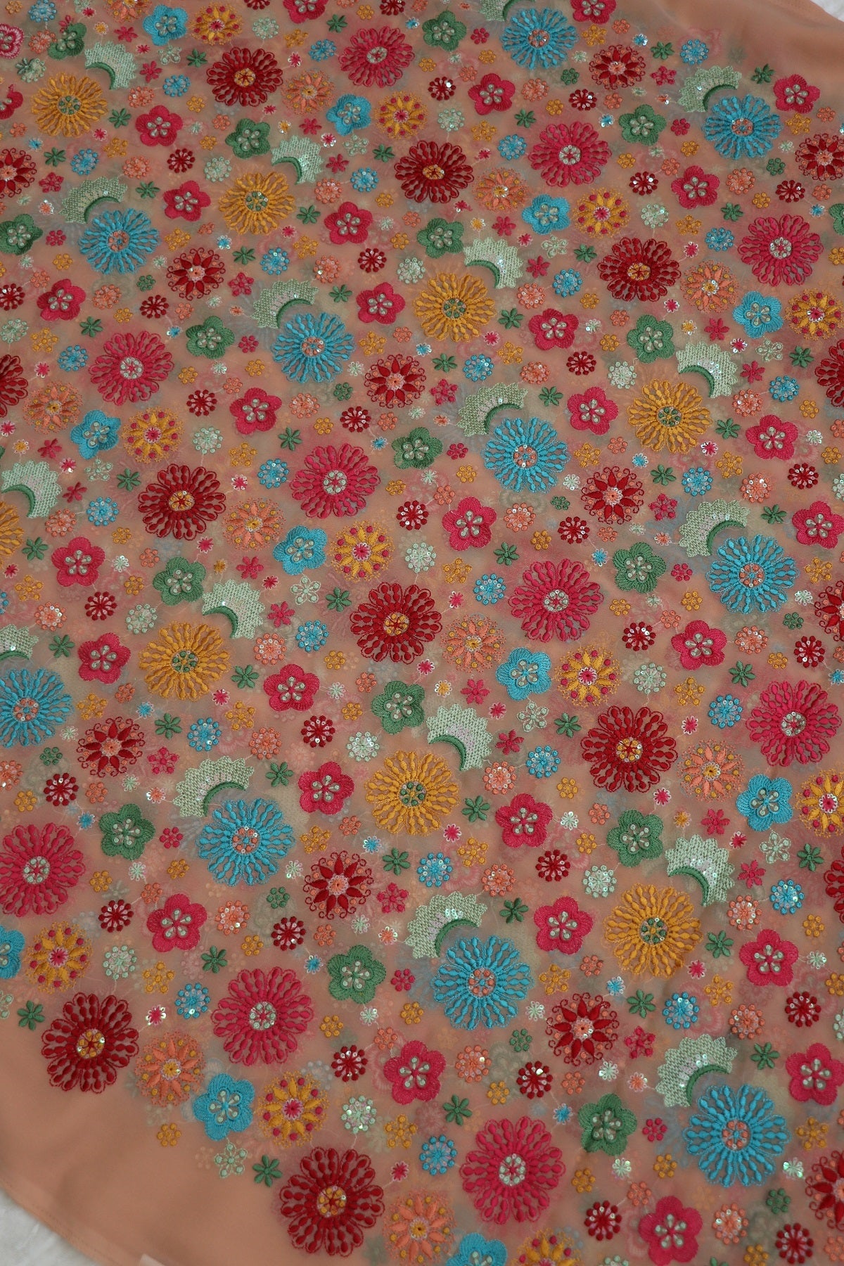 Light Peach Multi Thread Embroidered & Sequins Georgette Fabric