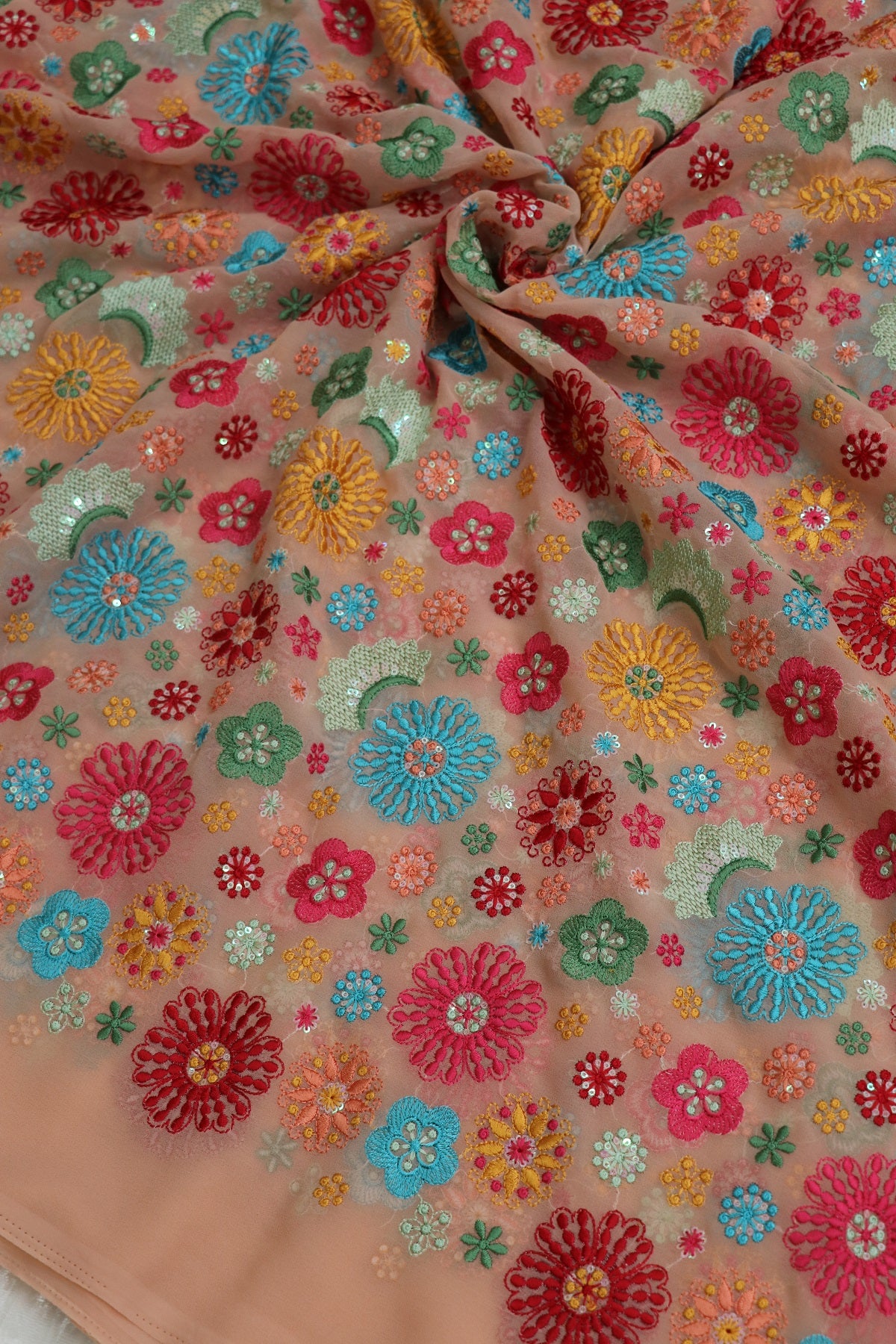 Light Peach Multi Thread Embroidered & Sequins Georgette Fabric