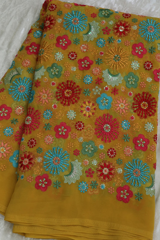 Turmeric Yellow Multi Thread Embroidered & Sequins Georgette Fabric