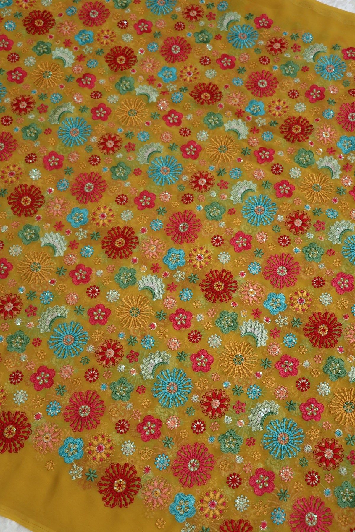 Turmeric Yellow Multi Thread Embroidered & Sequins Georgette Fabric