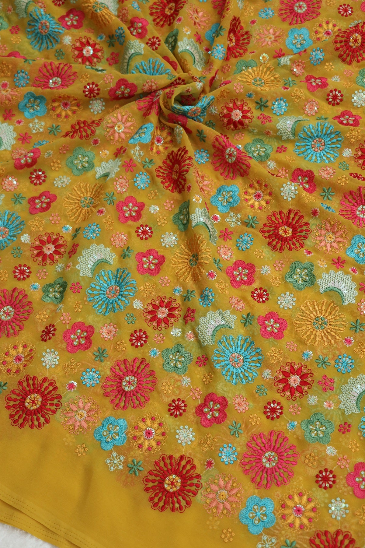 Turmeric Yellow Multi Thread Embroidered & Sequins Georgette Fabric