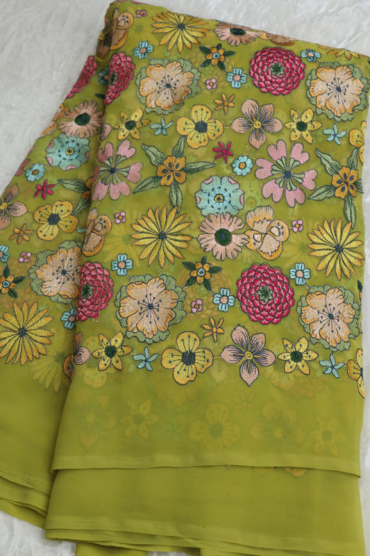 Lemonade Green Multi Thread Embroidered Georgette Fabric