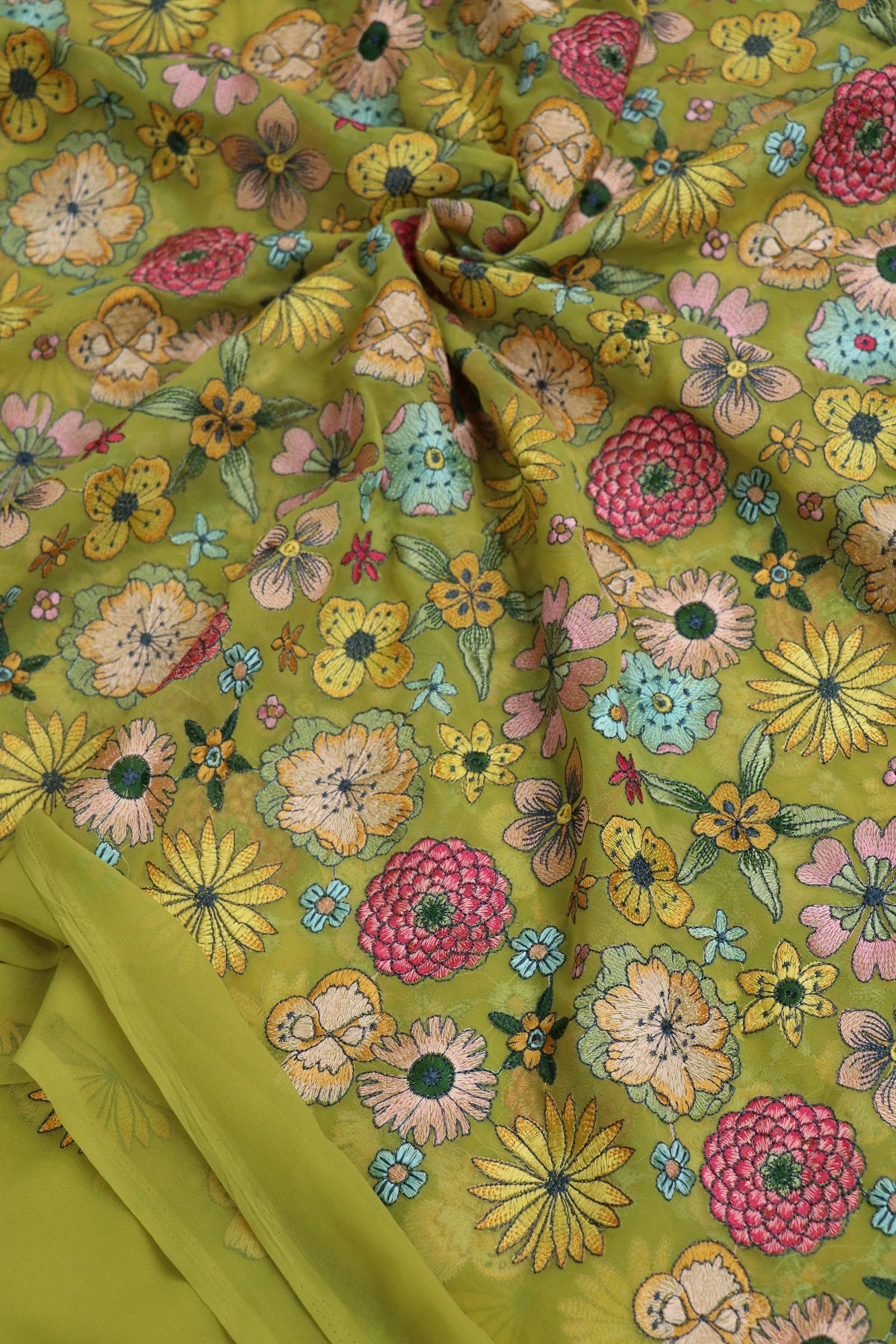 Lemonade Green Multi Thread Embroidered Georgette Fabric