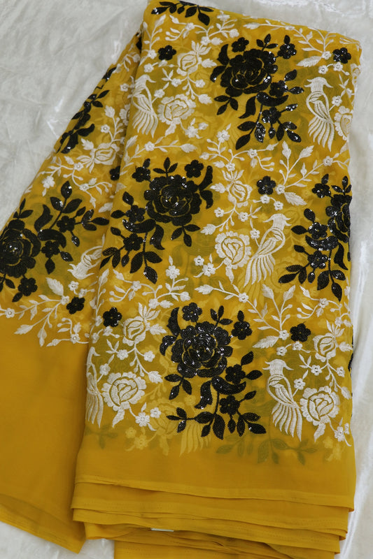 Turmeric Yellow Georgette Parsi Designs Worked With White Threads & Black Sequins